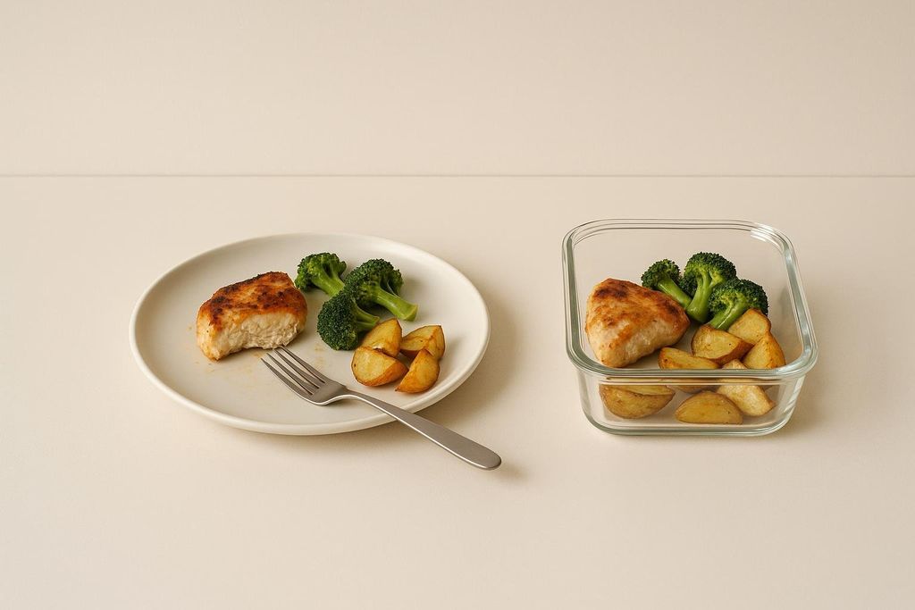 A plate with a half-eaten piece of chicken, broccoli, and potato wedges, next to a glass meal prep container filled with the same food, illustrating saving food for later.