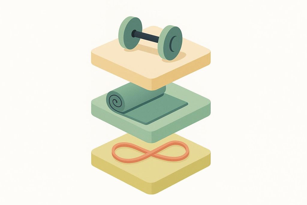 Stacked sequence blocks featuring a mat, a resistance band, and a dumbbell
