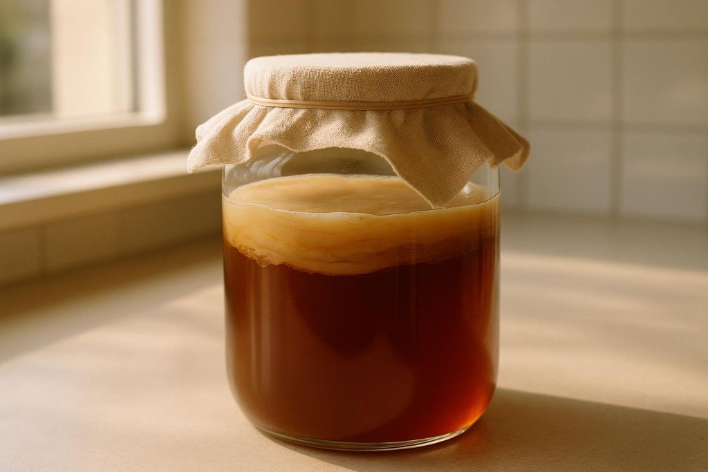 A home brewing jar of kombucha featuring a SCOBY and cloth cover on a counter bathed in sunlight.