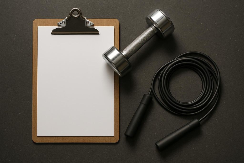 An overhead shot of a blank clipboard to the left, a silver dumbbell in the center, and a coiled black jump rope to the right, all on a dark grey surface.
