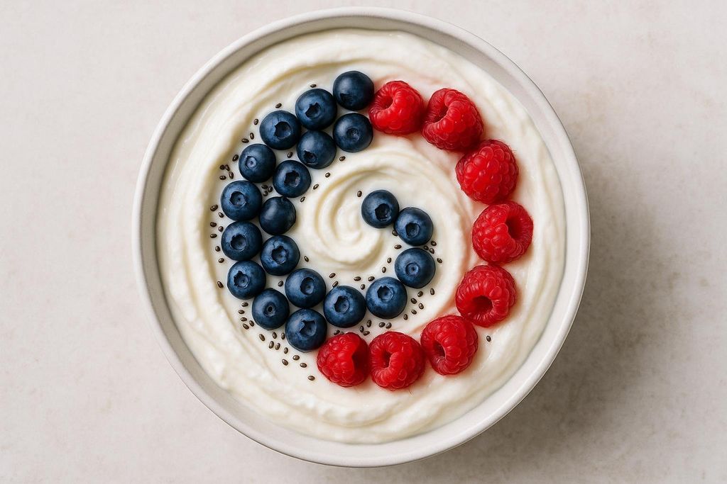A top-down view of a white bowl filled with creamy Greek yogurt, adorned with a vibrant spiral pattern of blueberries on one side and raspberries on the other, interspersed with scattered chia seeds.