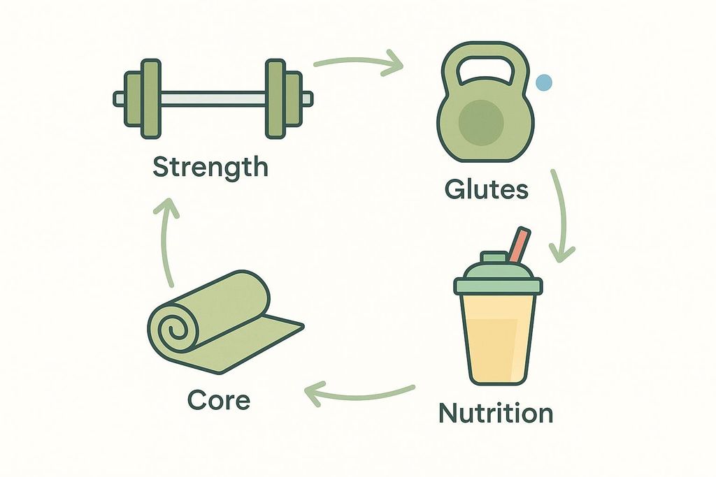 A circular diagram illustrating key components of a fitness routine: Strength (dumbbell), Glutes (kettlebell), Nutrition (protein shaker), and Core (yoga mat), connected by arrows showing a continuous cycle.