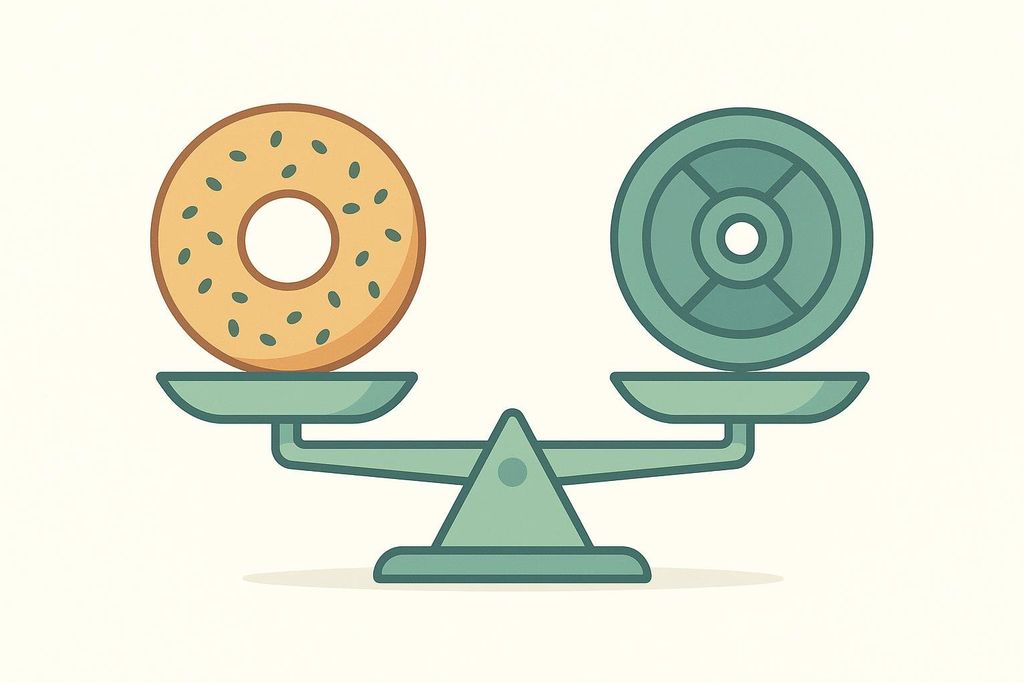 Illustration of a sesame bagel and a green weight plate perfectly balanced on a scale, suggesting equal weight or comparison.