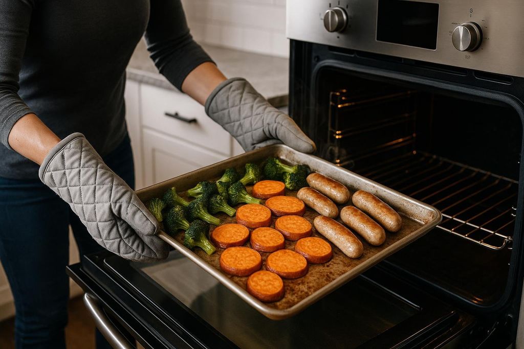 A person wearing grey oven mitts is putting a sheet pan with raw broccoli florets, sliced sweet potatoes, and uncooked sausages into an open oven.