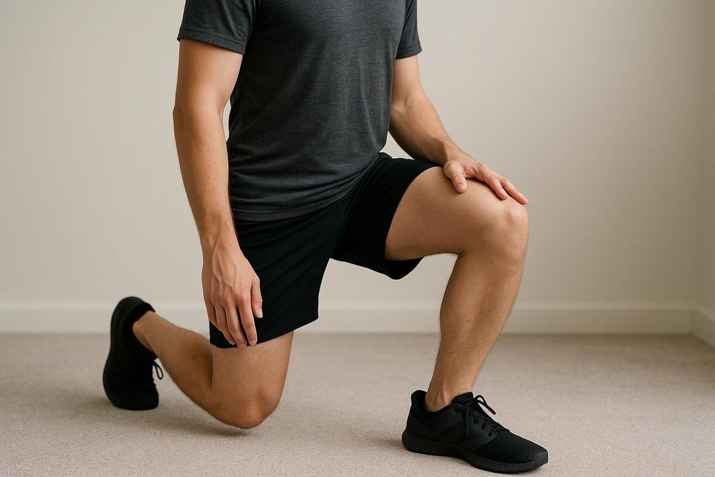 A person demonstrating perfect form at the bottom of a forward lunge, with both knees at 90-degree angles and the back knee gently touching the floor. They are wearing a dark grey t-shirt, black shorts, and black athletic shoes.