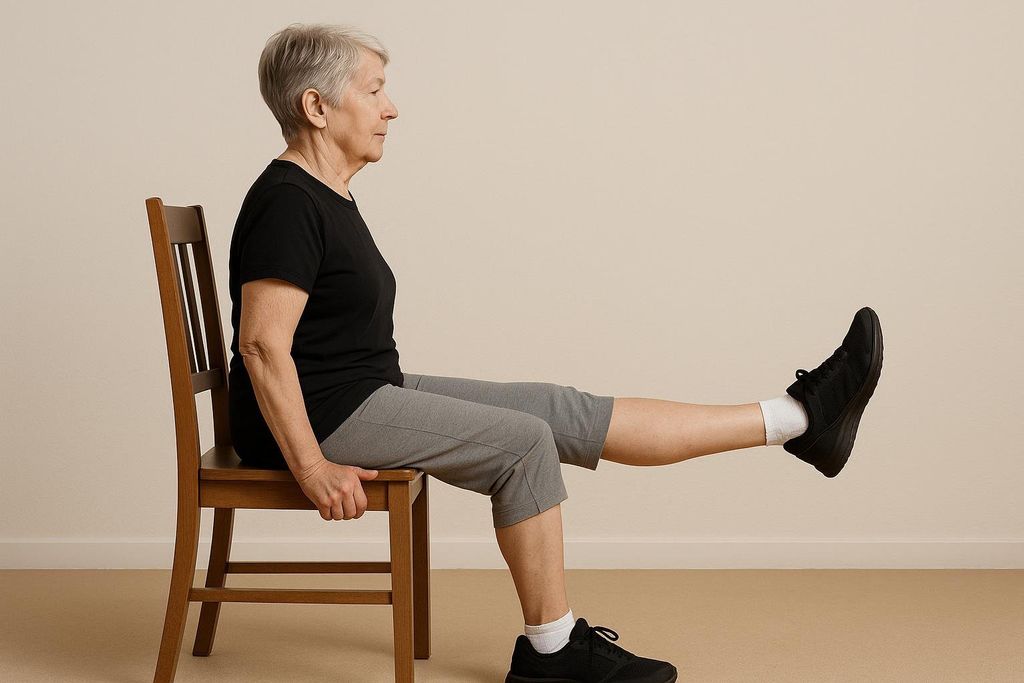 An older woman in a black shirt and grey pants is seated on a wooden chair, with one leg extended straight out in front of her, foot flexed and wearing a black athletic shoe. She is performing a seated knee extension exercise, looking to her right.