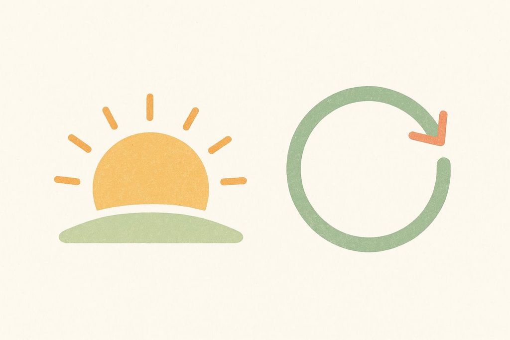 An illustration showing a rising sun over a green hill next to a green circular arrow with an orange tip, representing daily versus weekly timing or cycles.
