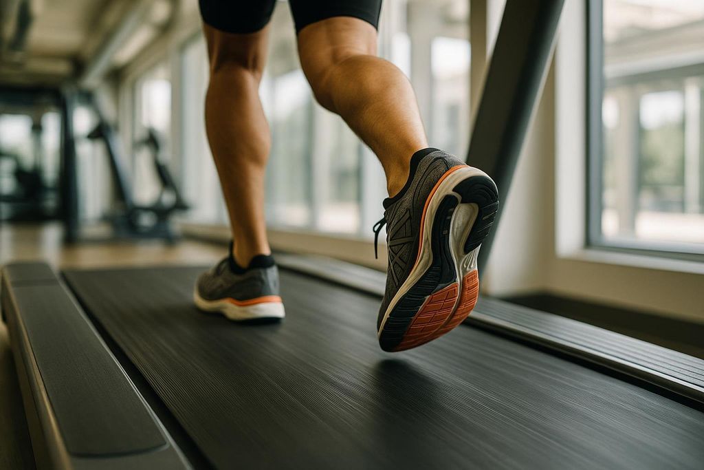 A close-up, low-angle shot of a person's legs and feet as they run on a treadmill in a gym. The person is wearing grey and orange running shoes, and the gym has large windows in the background.