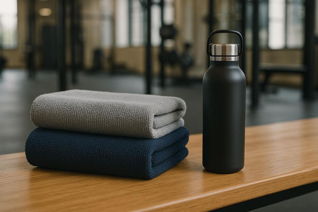 Folded fitness towels and an insulated water bottle resting on a clean wooden bench