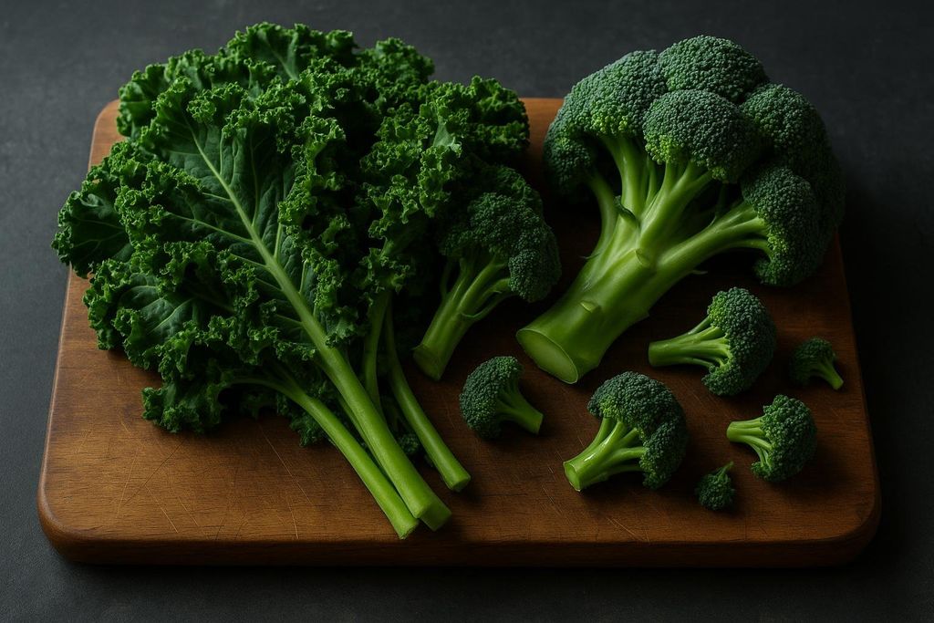 Fresh kale and broccoli on a wooden cutting board, showcasing healthy green vegetables.