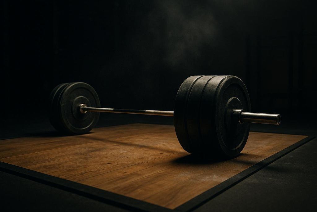 A heavy barbell with black weight plates rests on a wooden gym platform in a dimly lit setting with a dark background.