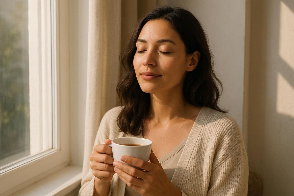 A relaxed woman feeling peaceful by a sunlit window.
