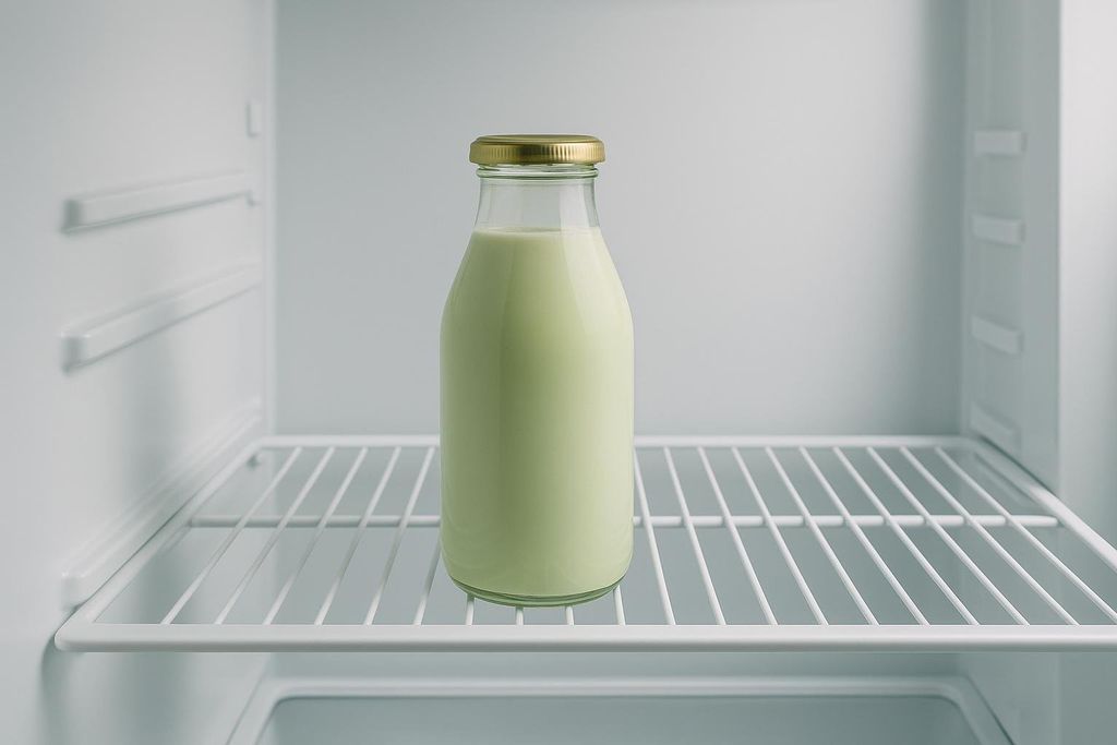 A clear glass bottle of light green pistachio milk with a gold cap sits on a wire rack inside a stark white refrigerator.