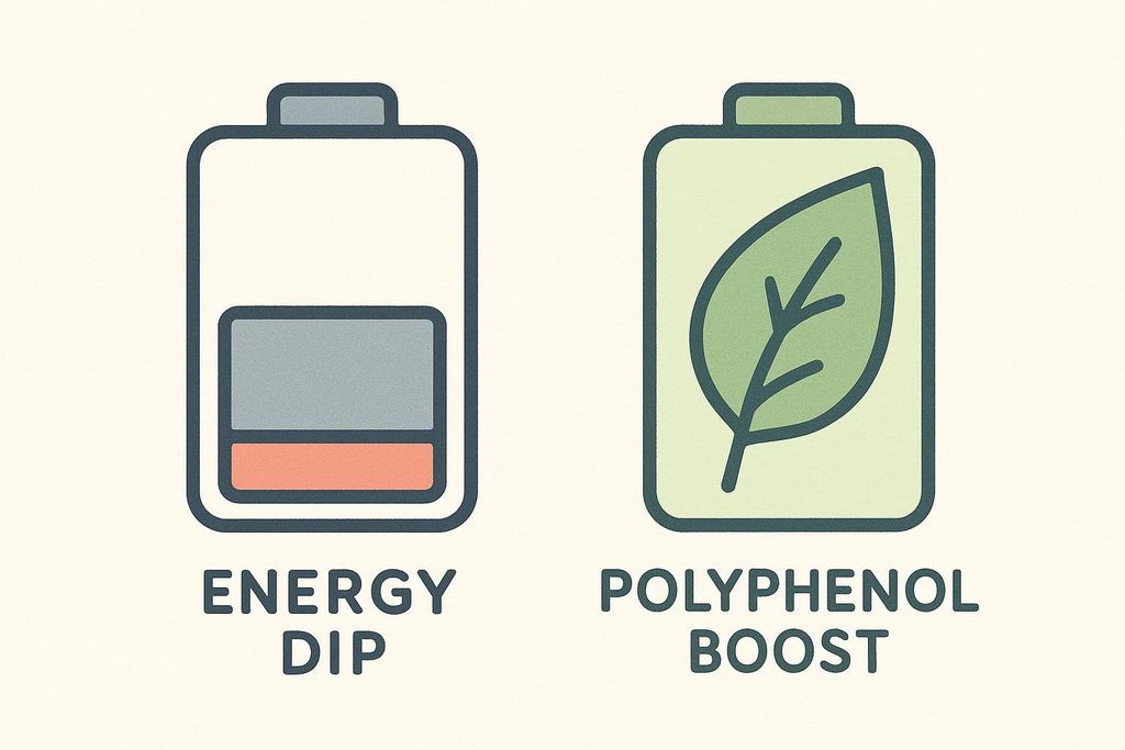 An illustration showing two battery icons. The first, labeled "Energy Dip," shows a battery with a low charge. The second, labeled "Polyphenol Boost," shows a full battery with a green leaf inside.