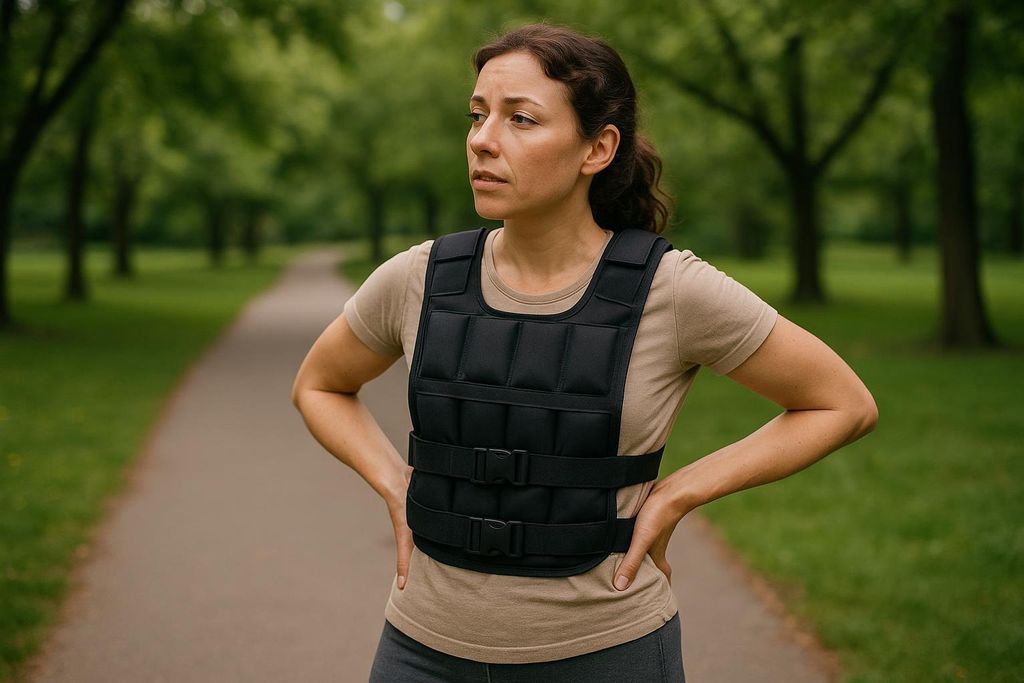 A woman wearing a weighted vest pauses her outdoor workout, looking thoughtfully to the side with her hands on her hips, illustrating the importance of safety and self-awareness during exercise.