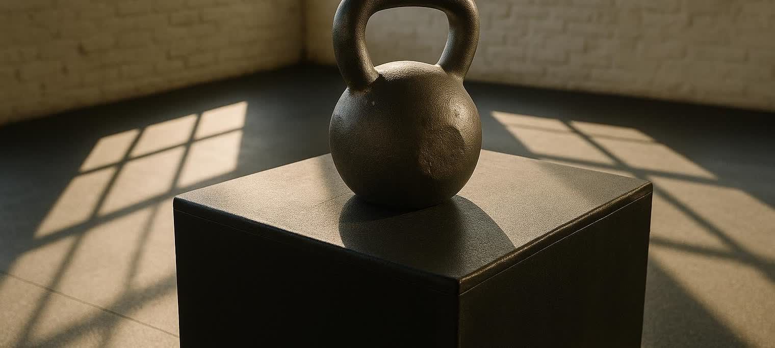 A black kettlebell sits on a dark plyometric box in a gym. Sunlight streams through a window, casting geometric shadows on the light-colored floor and a brick wall in the background.