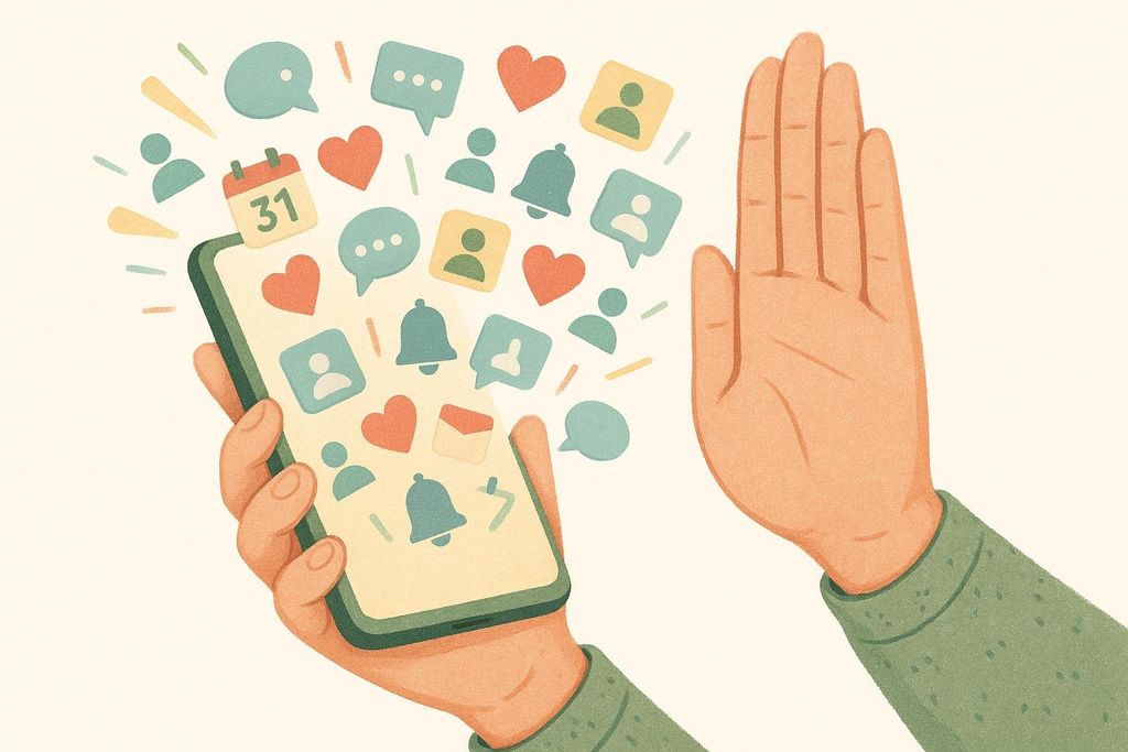 Illustration of a hand blocking a flood of notifications, including hearts, chat bubbles, and bells, emanating from a smartphone held by another hand, symbolizing the need to manage digital distractions and achieve digital detox.