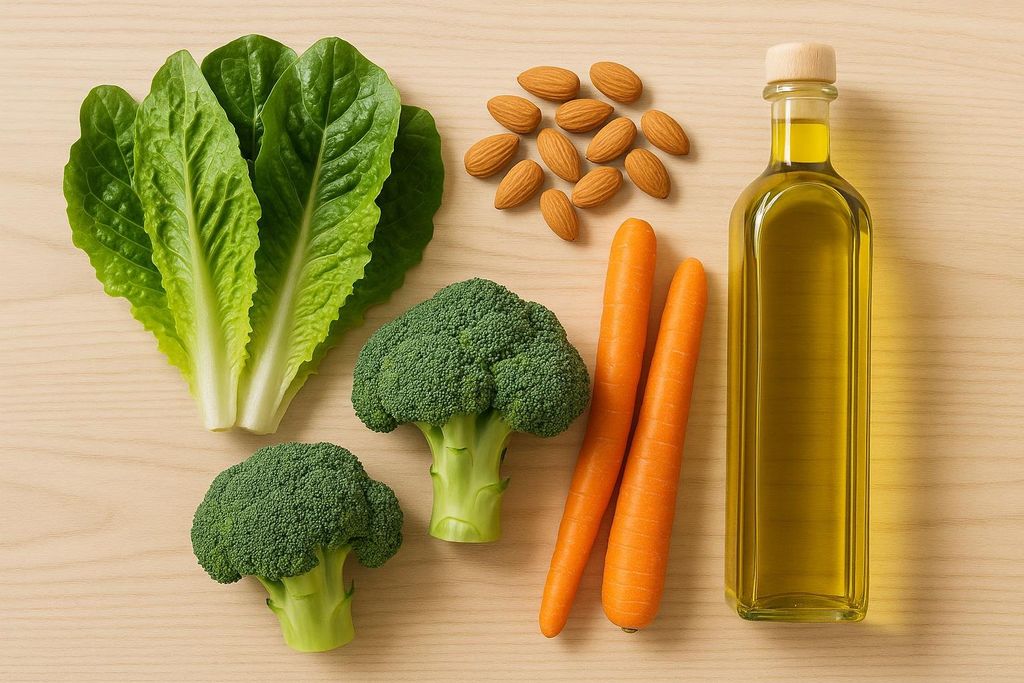 A flat lay photo showing ingredients for a fasting-mimicking diet, including fresh romaine lettuce, broccoli florets, carrots, a pile of whole almonds, and a bottle of olive oil, all arranged on a light wooden surface.