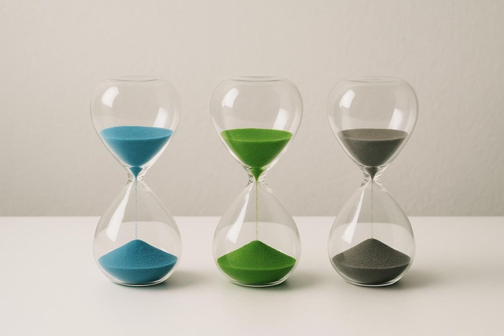 Three clear hourglasses with different colored sands: blue on the left, green in the middle, and grey on the right. The sand in each is actively flowing from the top bulb to the bottom, forming cones.