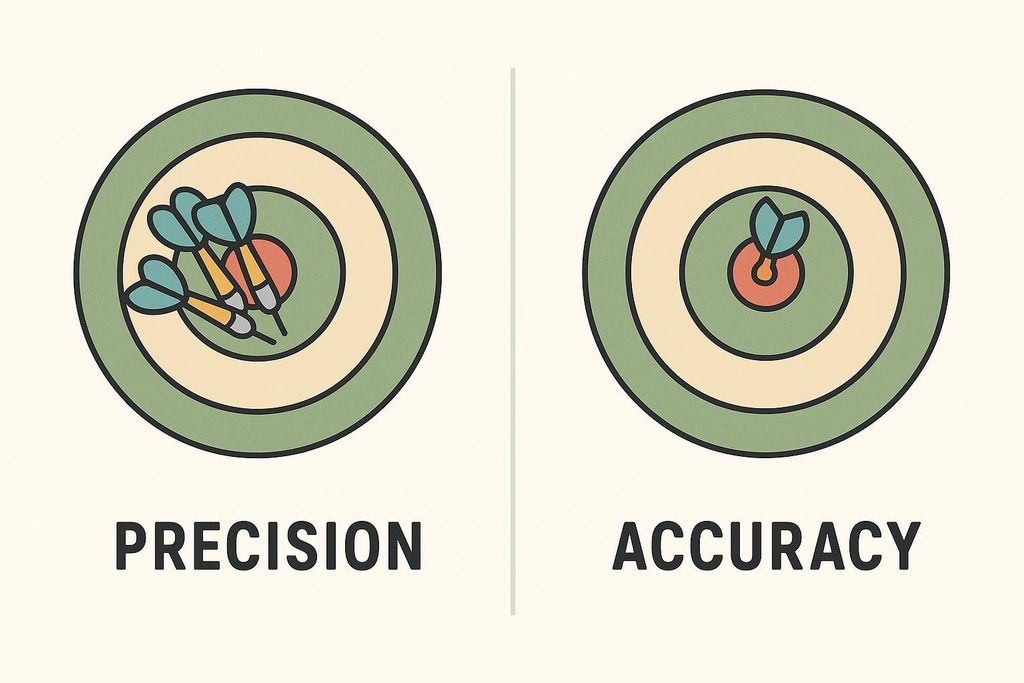 Diagram depicting the difference between precision and accuracy using dartboards. The 'Precision' dartboard shows darts clustered closely together but missing the bullseye, while the 'Accuracy' dartboard shows a single dart perfectly hitting the bullseye.