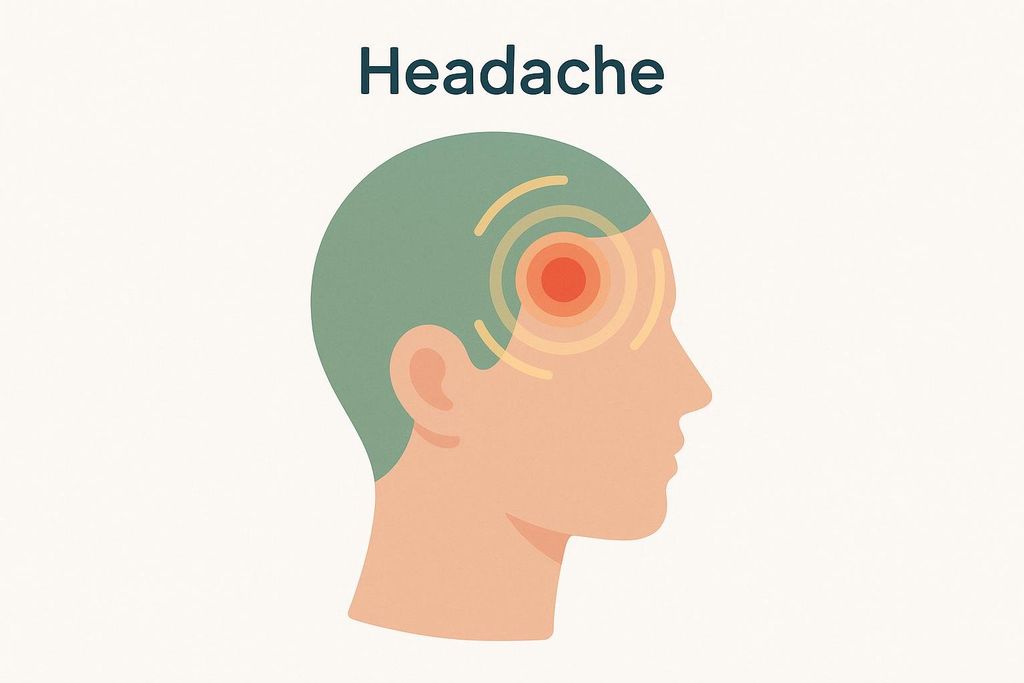 An illustration of a human head in profile with a headache. Red and orange concentric circles are visible on the forehead, indicating pain, and the word 'Headache' is written above.
