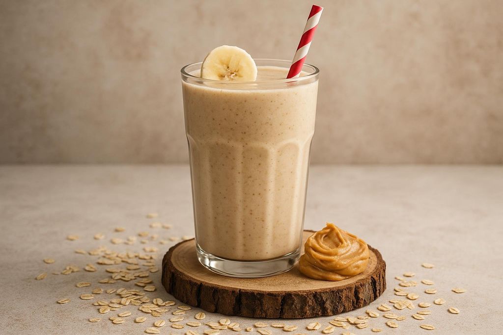 A thick peanut butter and banana protein shake in a glass, garnished with a banana slice and a red and white striped straw. It sits on a rustic wooden coaster next to a dollop of peanut butter, with rolled oats scattered around the base.