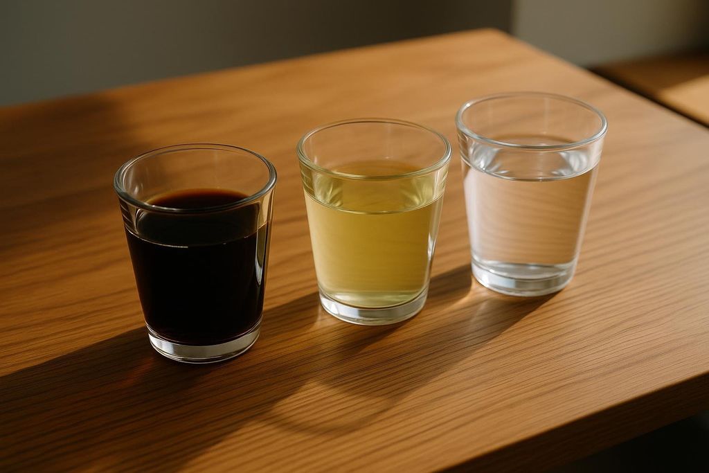Three glass cups containing dark coffee, light green tea, and clear water are arranged side-by-side on a wooden table, illuminated by natural light creating long shadows.
