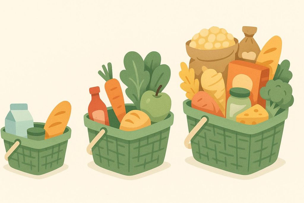 Illustration comparing three green shopping baskets, each progressively larger and filled with more groceries. The smallest basket has milk and bread, the medium has more produce like carrots and apples, and the largest basket has a wide variety including cereal, bread, cheese, and vegetables.