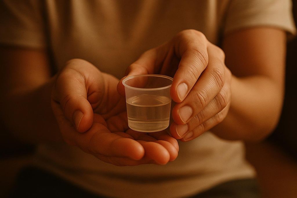 Close-up of a person's cupped hands holding a small, clear plastic cup filled with a clear liquid, possibly medicine or hydration solution.