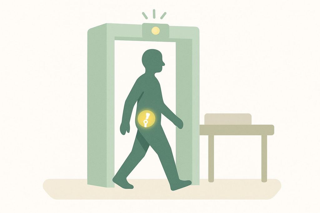 Illustration of a person with a hip replacement walking through an airport security metal detector. A light glows brightly from the hip area, indicating a metal implant.