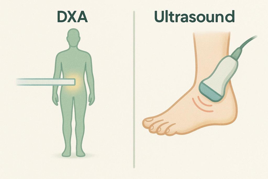 An illustration comparing a central DXA scan, which examines the hip region of a human body, with a peripheral ultrasound, which scans a human heel to measure bone density.