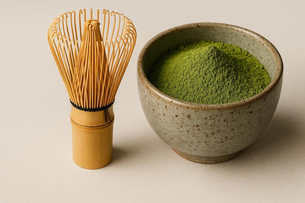 A bamboo matcha whisk and a bowl of green tea powder.