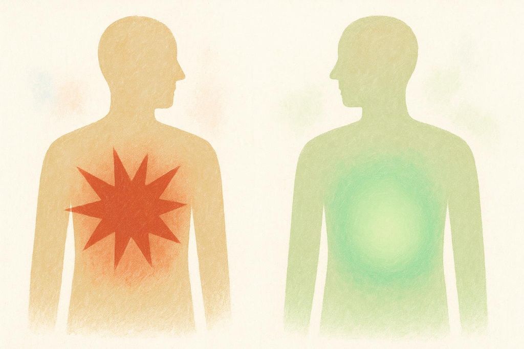 An illustration comparing a stressed gut, shown as red and spiky, with a calm gut, shown as green and balanced, to represent stress management and overall well-being.