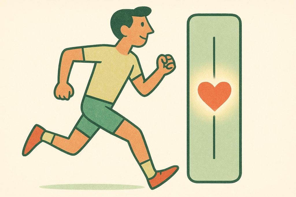 Retro-style illustration of a smiling male runner in yellow shirt and green shorts, next to a vertical green bar with a glowing red heart icon in the center. The image represents the Borg scale's connection to heart rate monitoring during exercise.
