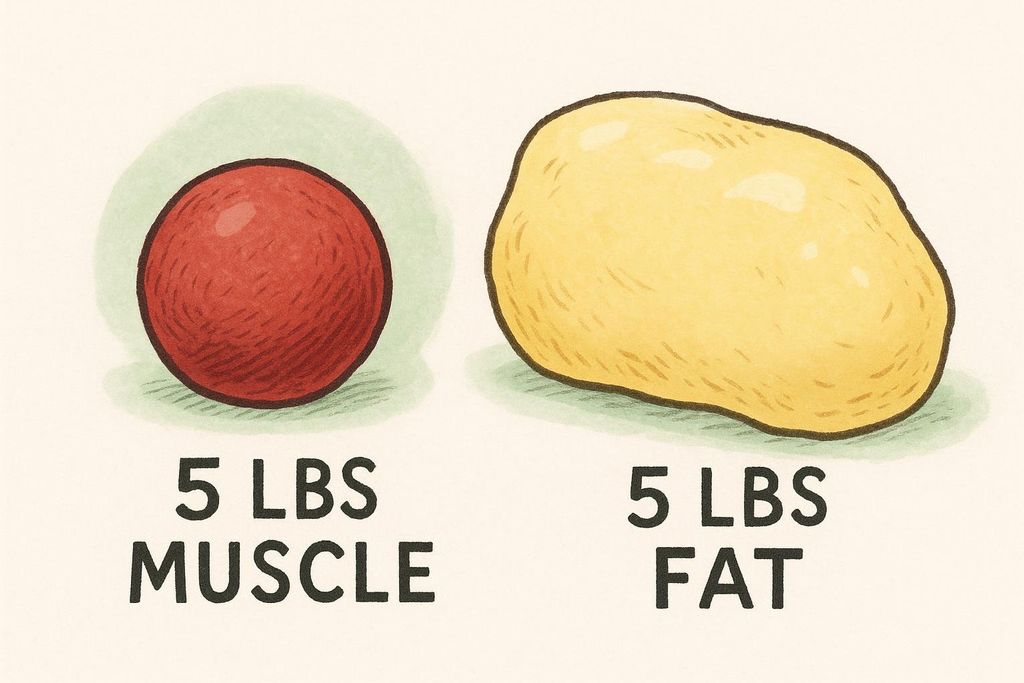 An illustration comparing five pounds of muscle to five pounds of fat, showing that while the weights are the same, the fat takes up significantly more volume.