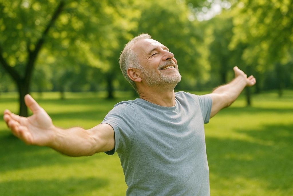 A mature man with gray hair and a beard, wearing a gray t-shirt, stands in a sunny park with his arms outstretched and head tilted back, smiling with his eyes closed as if enjoying the sun and fresh air.
