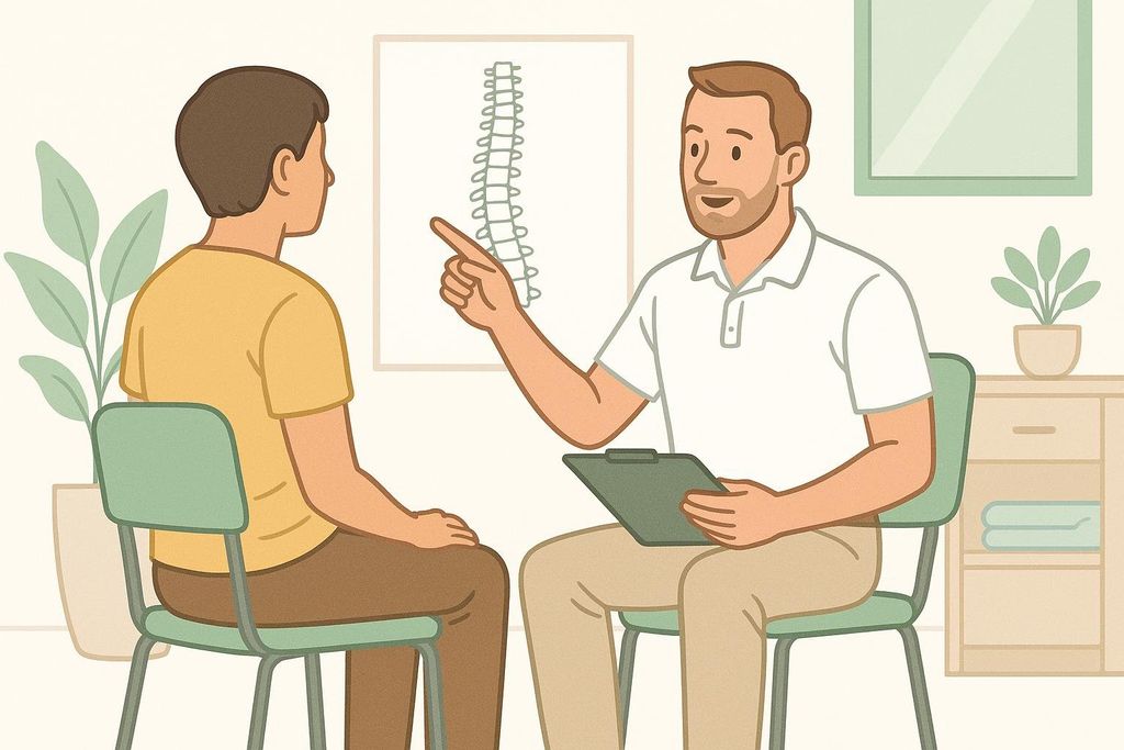An illustration of a physical therapist pointing at a spine diagram on the wall while talking to a patient in a clinical setting.