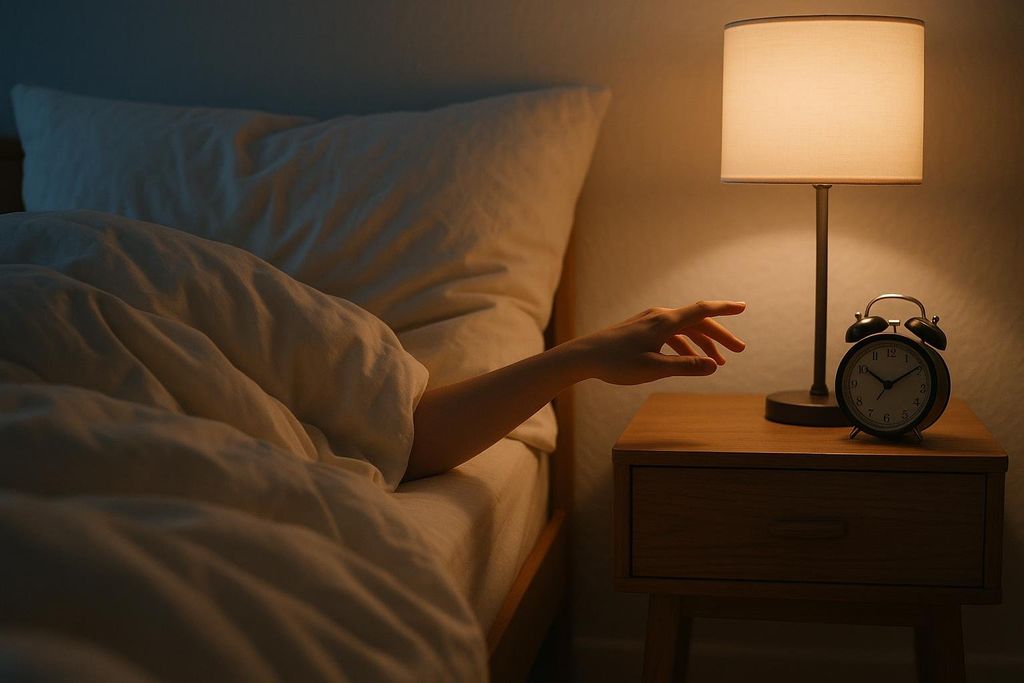 A person's hand emerging from white bed covers, reaching toward an alarm clock on a wooden nightstand, illuminated by a bedside lamp.