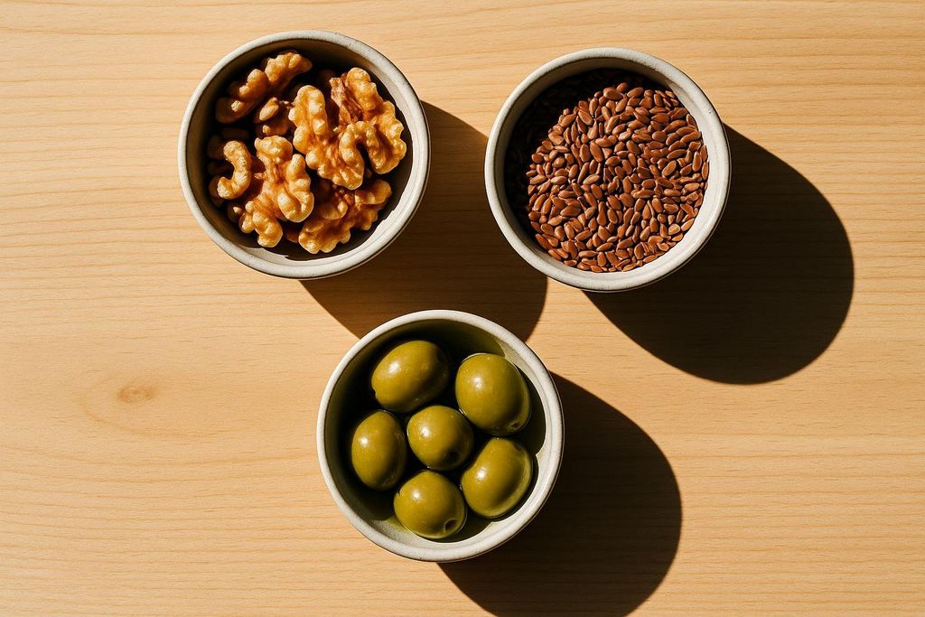 Three small white bowls containing walnuts, flaxseeds, and green olives, arranged on a light wooden surface. Harsh shadows fall across the wood.