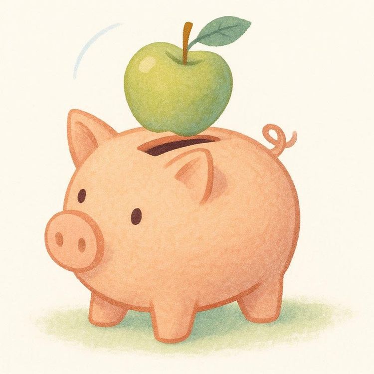 An illustration of a pink piggy bank with a green apple about to drop into its coin slot. The apple has a brown stem and a green leaf.