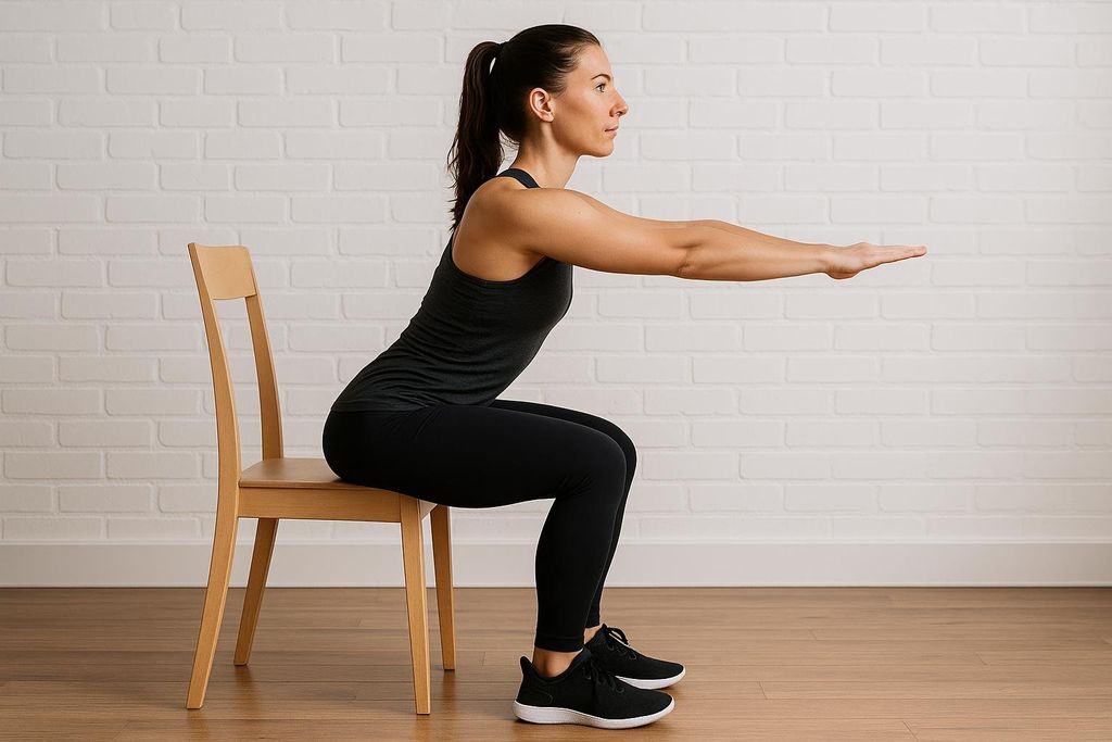 Side view of a woman performing a chair squat, with her glutes just touching the chair to demonstrate the correct depth and form for the exercise.