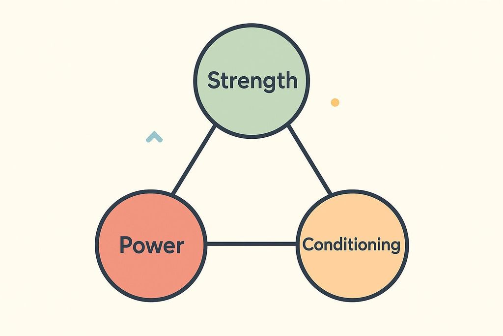 A triangular diagram showing three interconnected circles. The top circle, colored light green, is labeled 'Strength'. The bottom-left circle, colored light orange, is labeled 'Power'. The bottom-right circle, colored yellow-orange, is labeled 'Conditioning'. Lines connect Strength to Power, Strength to Conditioning, and Power to Conditioning, illustrating their relationship.