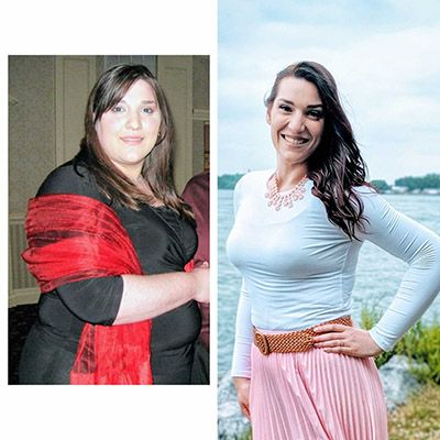 A before and after photo of Carolina showcasing significant weight loss.