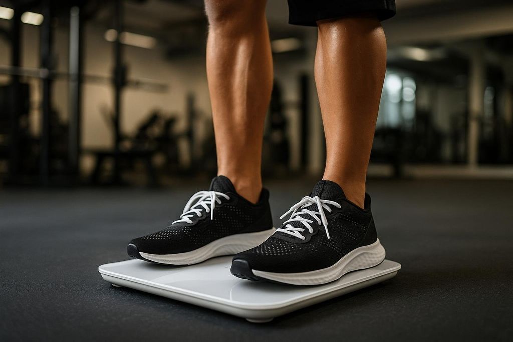 An athlete's feet in athletic shoes are standing on a white smart scale, with a gym setting visible in the blurry background.