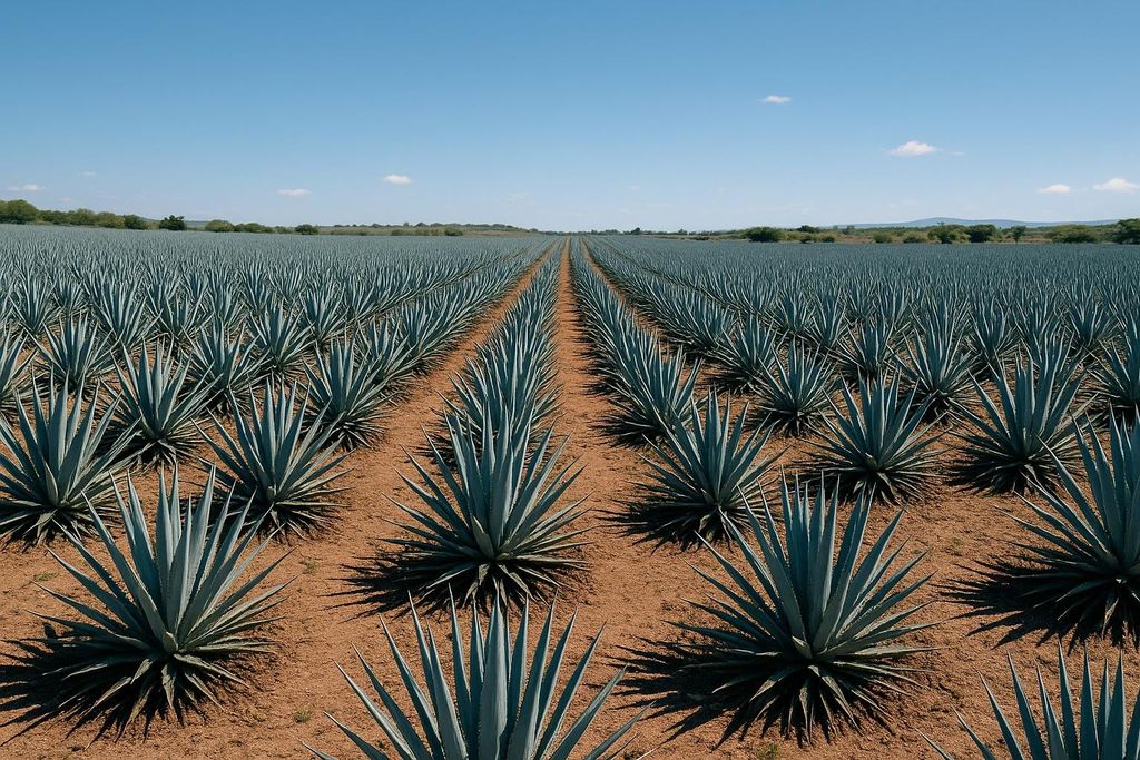 A vast field of blue agave plants stretches into the distance under a clear sky. The agave plants are arranged in neat rows on reddish-brown soil, casting distinct shadows.