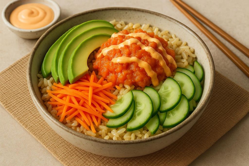 A colorful and healthy spicy tuna and avocado rice bowl, garnished with shredded carrots and sliced cucumbers. A small dish of sauce and chopsticks are visible in the background.