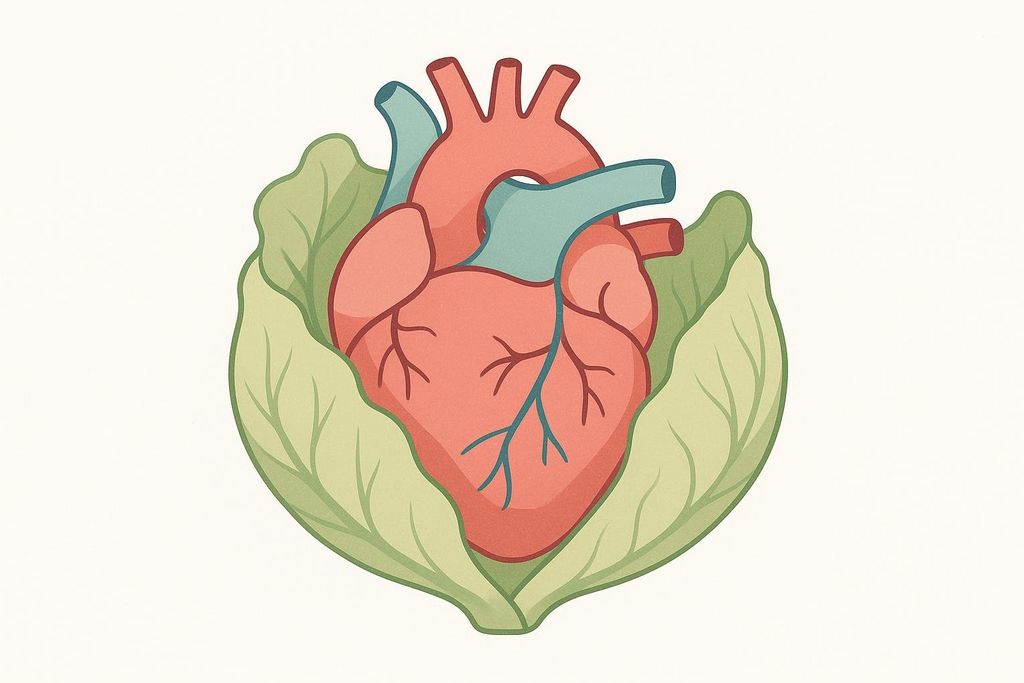 An illustration of a human heart, colored in shades of red and blue, nestled within and protected by a large green cabbage leaf. The background is a plain, light color.