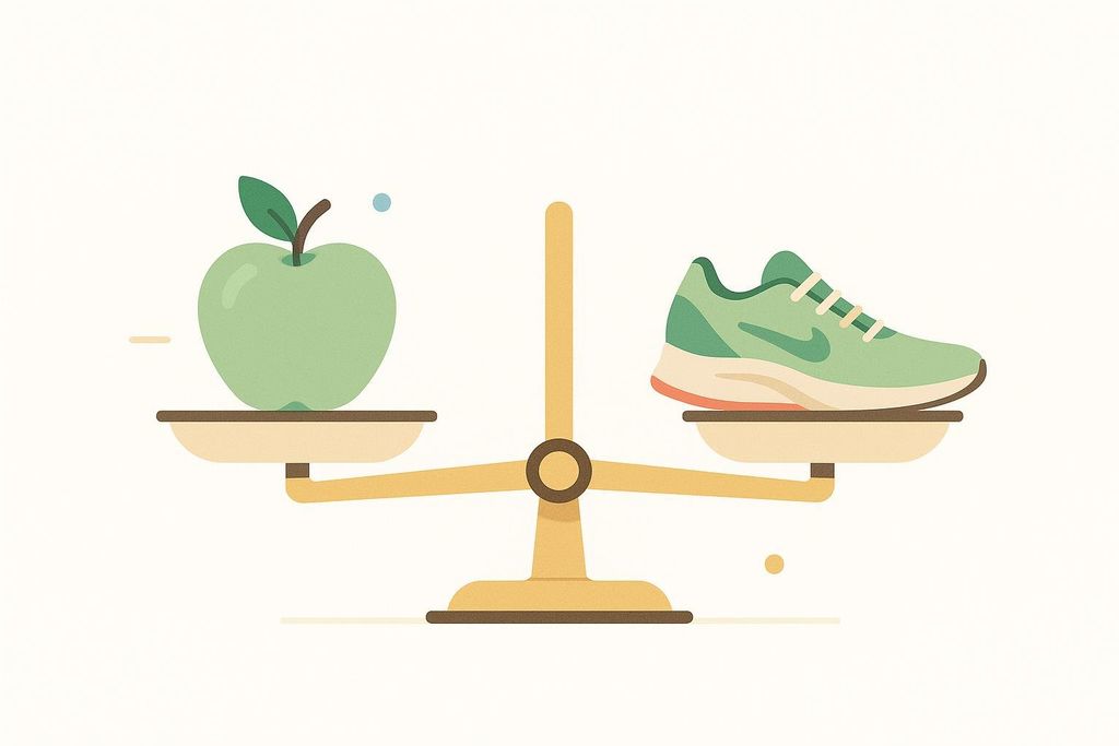 An illustration of a balance scale with a green apple on the left and a green running shoe on the right, both seemingly equal in weight. This represents a healthy lifestyle balance of diet and exercise.