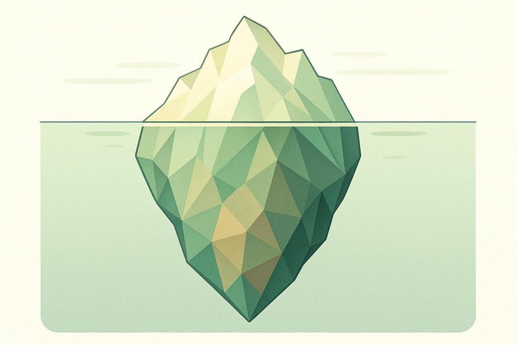 A stylized geometric iceberg showing the large hidden mass below the surface, representing invisible visceral fat.