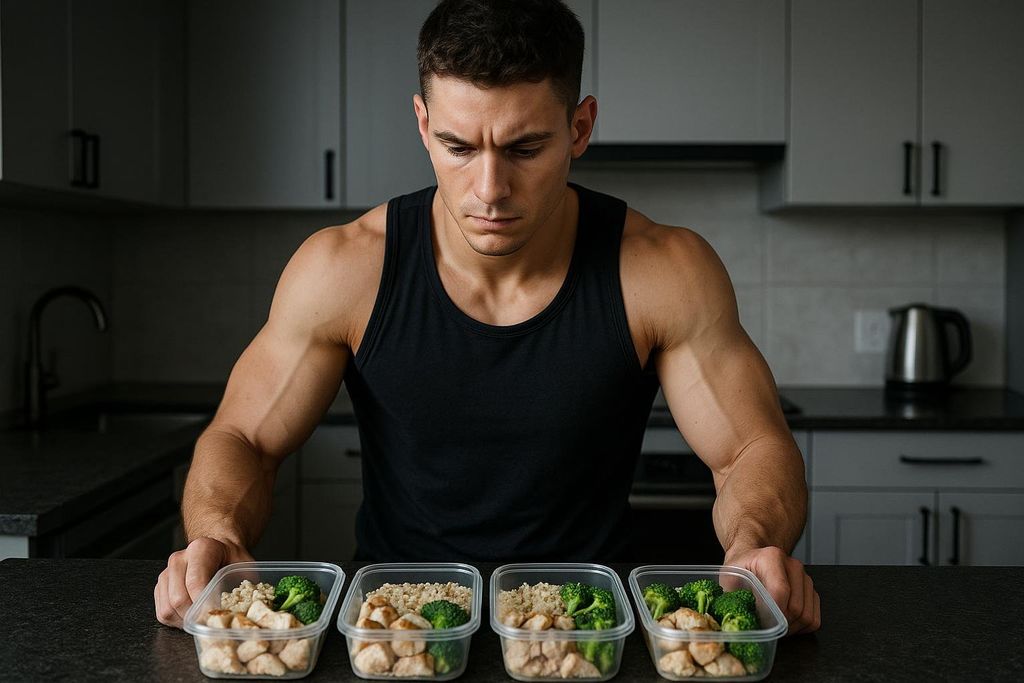 A muscular man in a black tank top looks intently at four clear meal prep containers filled with chicken, quinoa, and broccoli, laid out on a dark kitchen counter. The man is contemplating his prepared healthy meals.